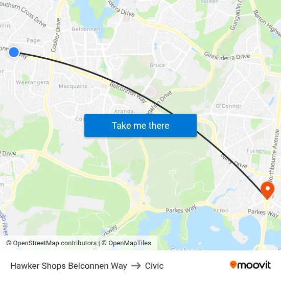 Hawker Shops Belconnen Way to Civic map