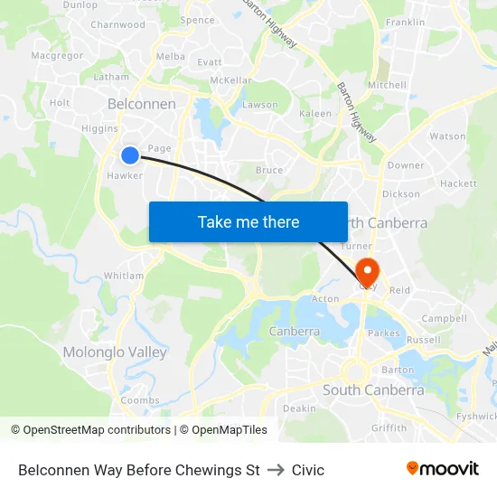 Belconnen Way Before Chewings St to Civic map