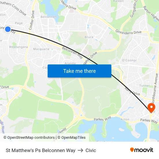 St Matthew's Ps Belconnen Way to Civic map