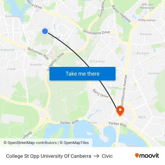 College St Opp University Of Canberra to Civic map