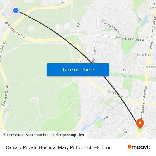 Calvary Private Hospital Mary Potter Cct to Civic map