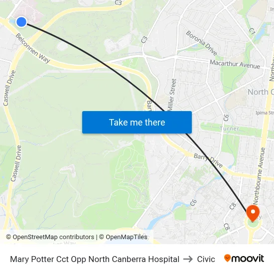 Mary Potter Cct Opp North Canberra Hospital to Civic map