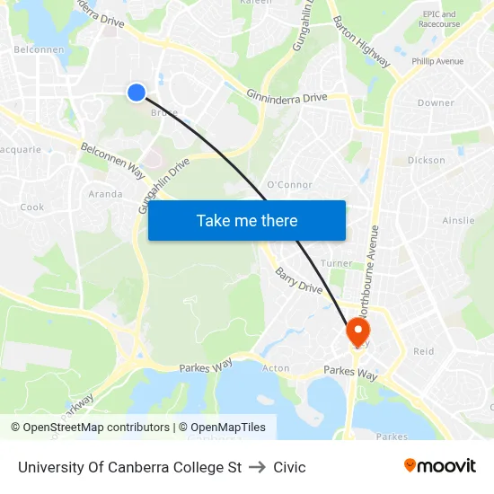 University Of Canberra College St to Civic map