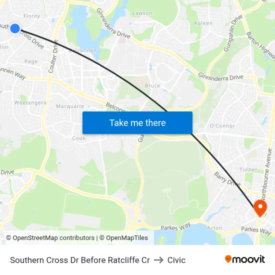Southern Cross Dr Before Ratcliffe Cr to Civic map