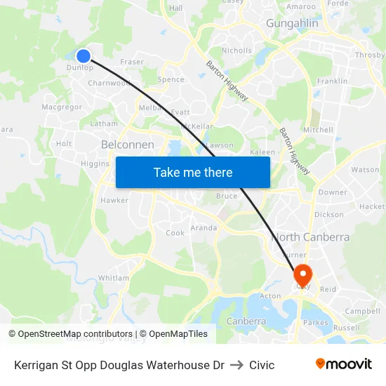 Kerrigan St Opp Douglas Waterhouse Dr to Civic map