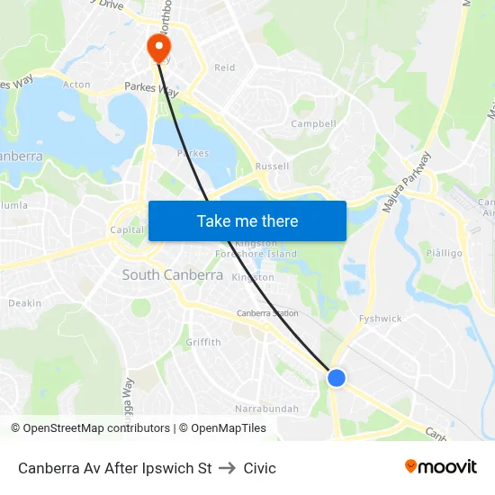 Canberra Av After Ipswich St to Civic map