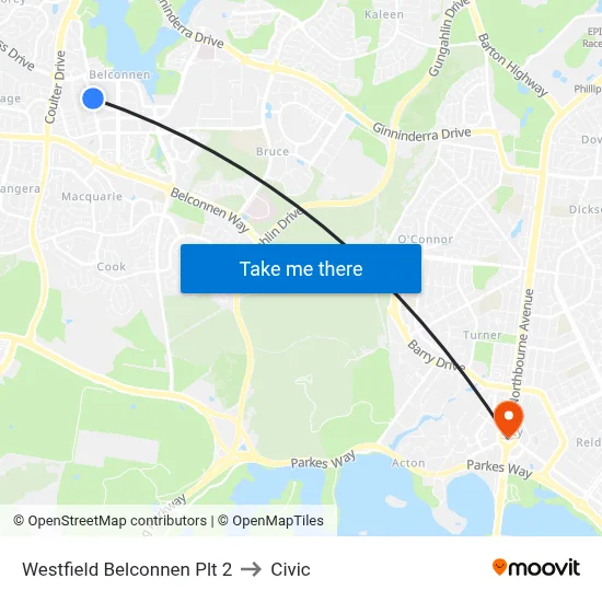 Westfield Belconnen Plt 2 to Civic map