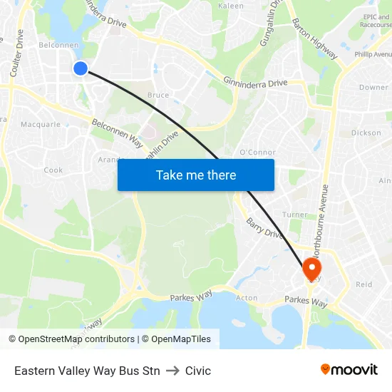 Eastern Valley Way Bus Stn to Civic map