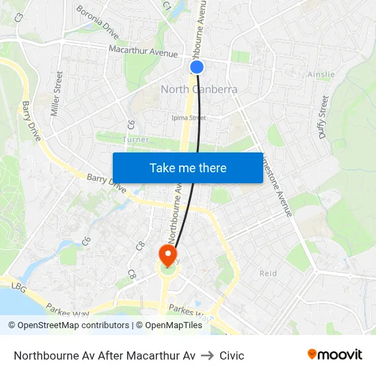 Northbourne Av After Macarthur Av to Civic map