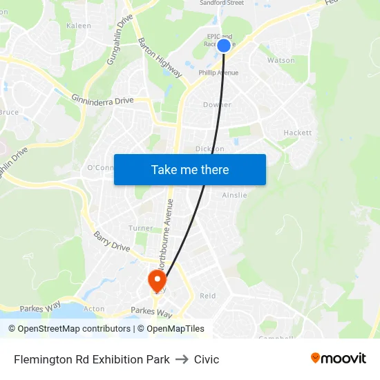 Flemington Rd Exhibition Park to Civic map