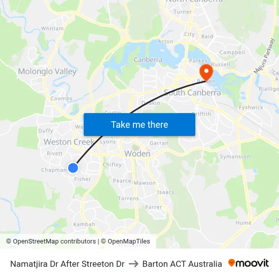 Namatjira Dr After Streeton Dr to Barton ACT Australia map