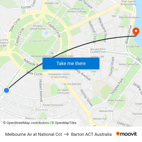 Melbourne Av at National Cct to Barton ACT Australia map