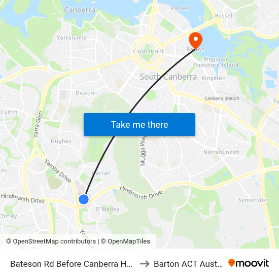Bateson Rd Before Canberra Hospital to Barton ACT Australia map