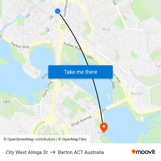 City West Alinga St to Barton ACT Australia map