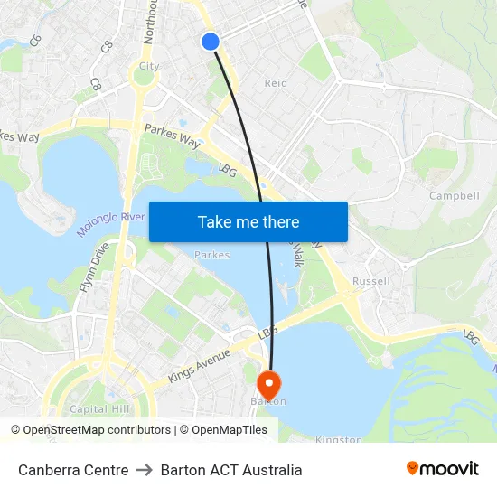 Canberra Centre to Barton ACT Australia map