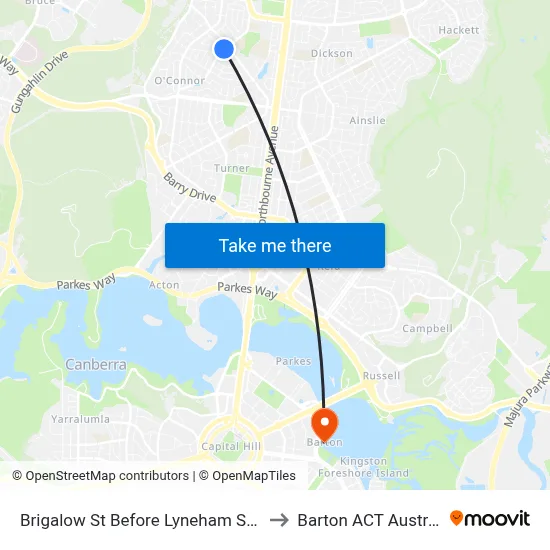 Brigalow St Before Lyneham Shops to Barton ACT Australia map