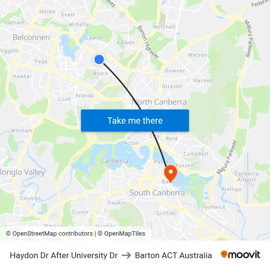 Haydon Dr After University Dr to Barton ACT Australia map