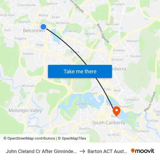 John Cleland Cr After Ginninderra Dr to Barton ACT Australia map