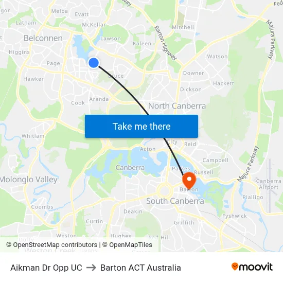 Aikman Dr Opp UC to Barton ACT Australia map