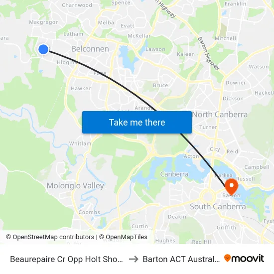 Beaurepaire Cr Opp Holt Shops to Barton ACT Australia map