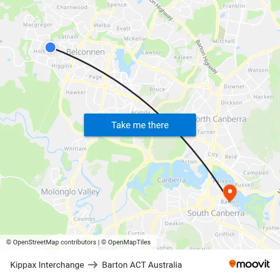 Kippax Interchange to Barton ACT Australia map