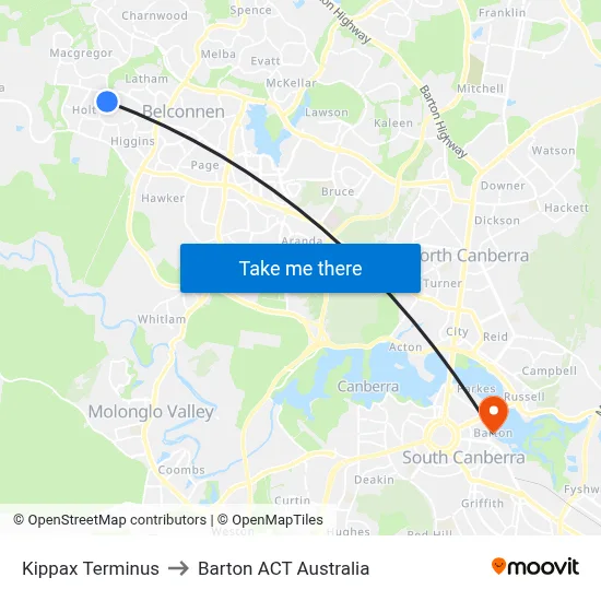 Kippax Terminus to Barton ACT Australia map