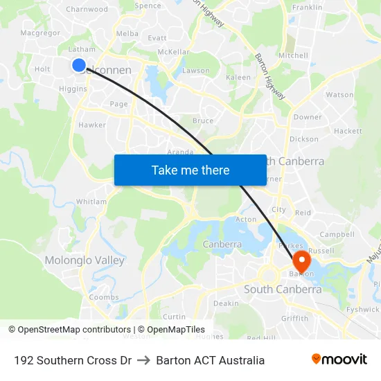 192 Southern Cross Dr to Barton ACT Australia map
