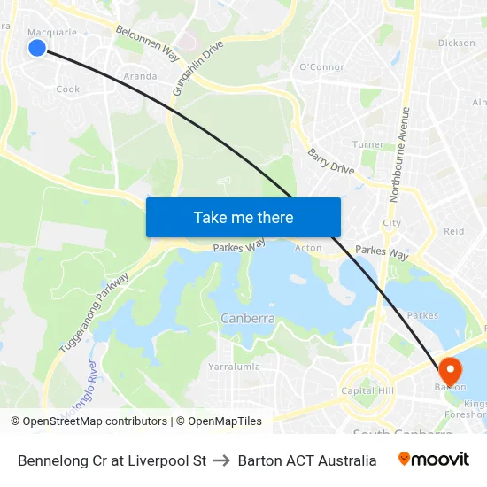 Bennelong Cr at Liverpool St to Barton ACT Australia map