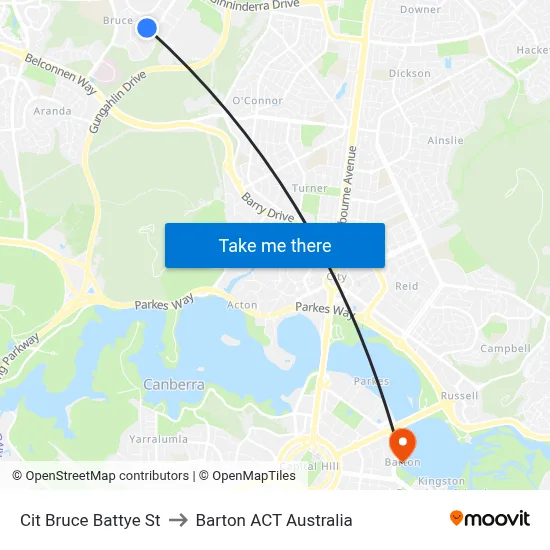 Cit Bruce Battye St to Barton ACT Australia map