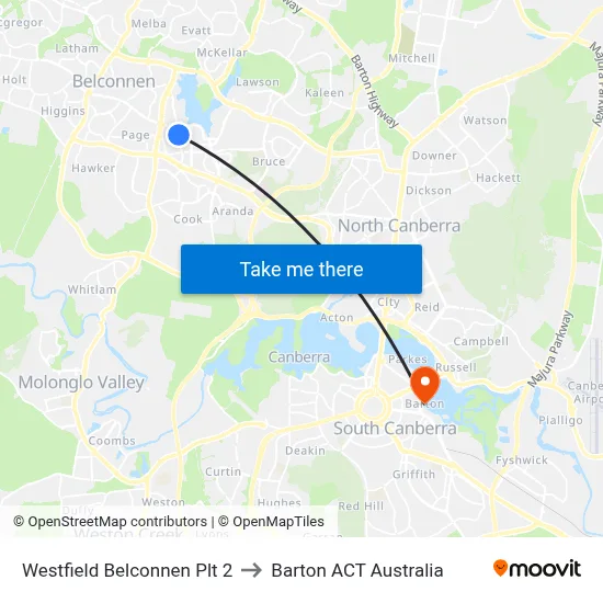 Westfield Belconnen Plt 2 to Barton ACT Australia map