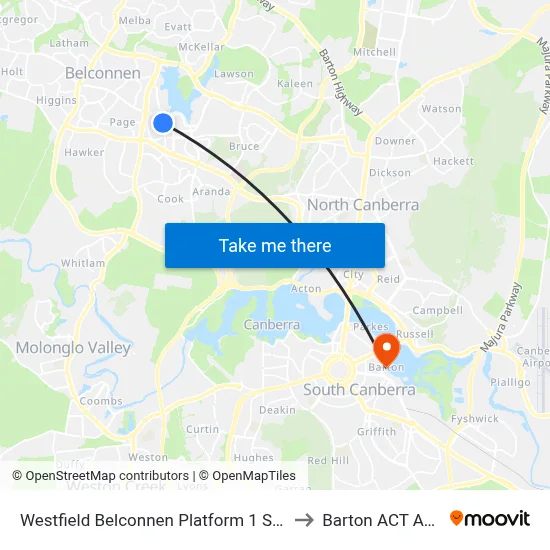 Westfield Belconnen Platform 1 Set Down Only to Barton ACT Australia map