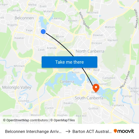 Belconnen Interchange Arrivals to Barton ACT Australia map