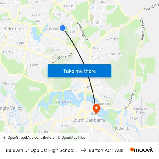 Baldwin Dr Opp UC High School Kaleen to Barton ACT Australia map