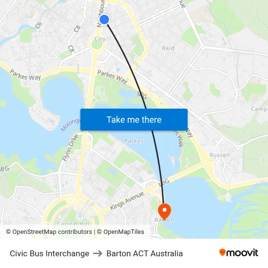 Civic Bus Interchange to Barton ACT Australia map