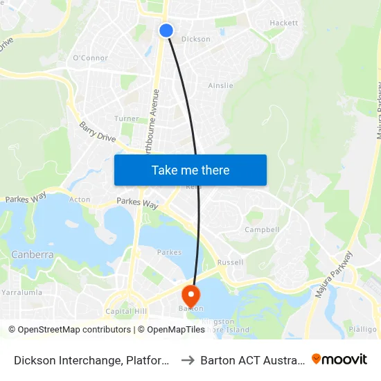 Dickson Interchange, Platform 2 to Barton ACT Australia map