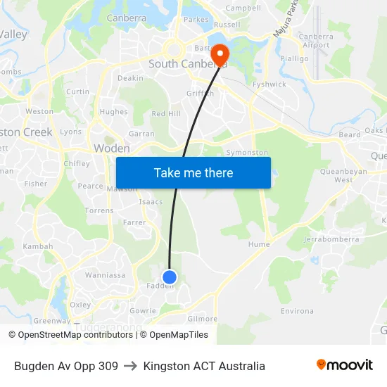 Bugden Av Opp 309 to Kingston ACT Australia map