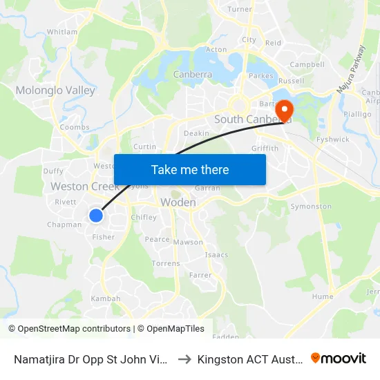 Namatjira Dr Opp St John Vianney to Kingston ACT Australia map