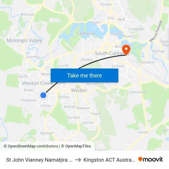 St John Vianney Namatjira Dr to Kingston ACT Australia map