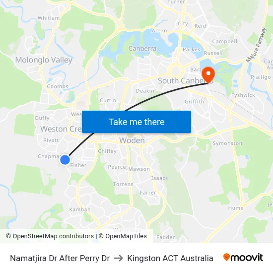 Namatjira Dr After Perry Dr to Kingston ACT Australia map