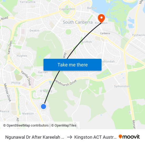 Ngunawal Dr After Kareelah Vsta to Kingston ACT Australia map