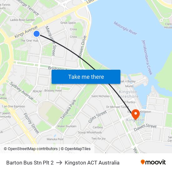 Barton Bus Stn Plt 2 to Kingston ACT Australia map