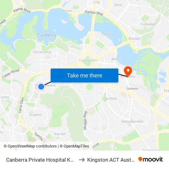 Canberra Private Hospital Kent St to Kingston ACT Australia map
