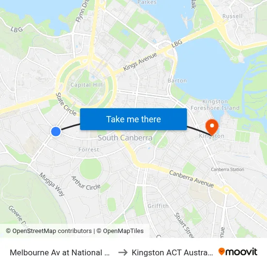 Melbourne Av at National Cct to Kingston ACT Australia map