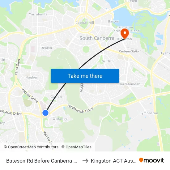 Bateson Rd Before Canberra Hospital to Kingston ACT Australia map