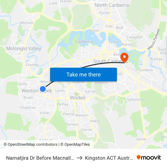 Namatjira Dr Before Macnally St to Kingston ACT Australia map