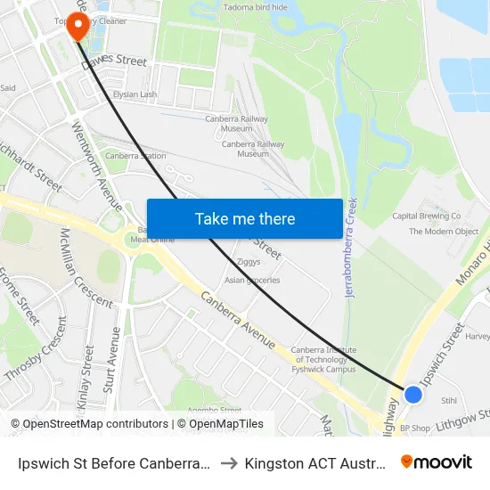 Ipswich St Before Canberra Av to Kingston ACT Australia map