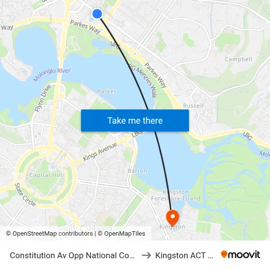 Constitution Av Opp National Convention Centre to Kingston ACT Australia map
