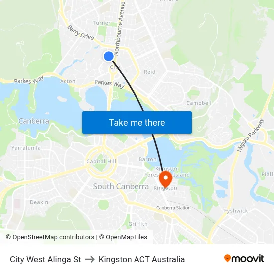 City West Alinga St to Kingston ACT Australia map