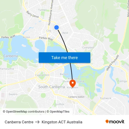 Canberra Centre to Kingston ACT Australia map