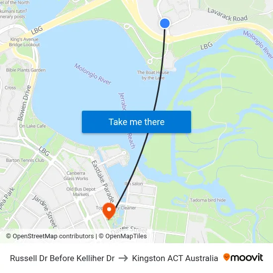 Russell Dr Before Kelliher Dr to Kingston ACT Australia map